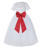 White Floral Lace Flower Girl Dress with Sleeves Junior Bridesmaid Gown Wedding Reception LG2T(3)