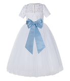 White Floral Lace Flower Girl Dress with Sleeves Junior Bridesmaid Gown Wedding Reception LG2T(4)