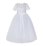 White Floral Lace Flower Girl Dress with Sleeves Pretty Princess Gown Special Occasion Dresses LG2R7