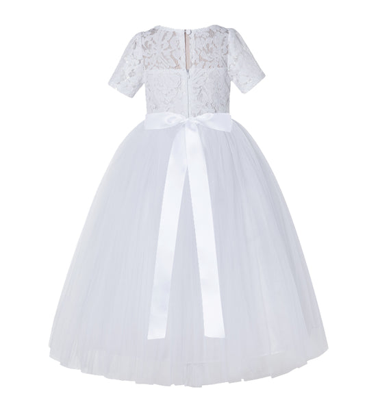 Floral Lace Flower Girl Dress with Sleeves Formal Junior Bridesmaid Gown for Toddler Girls LG2R