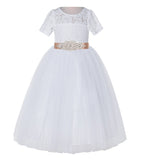 Floral Lace Flower Girl Dress with Sleeves Father Daughter Dance Recital Gown Birthday Party LG2R3