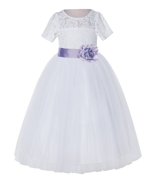 White Floral Lace Flower Girl Dress with Sleeves Junior Bridesmaid Gown Wedding Reception LG2T(5)