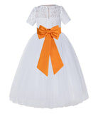 White Floral Lace Flower Girl Dress with Sleeves Junior Bridesmaid Gown Wedding Reception LG2T(4)