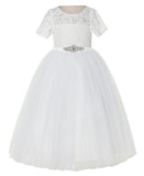 Floral Lace Flower Girl Dress with Sleeves Junior Pageant Gown Graduation Ceremonial Gown LG2R5thin