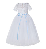 White Floral Lace Flower Girl Dress with Sleeves Pretty Princess Gown Special Occasion Dresses LG2R7