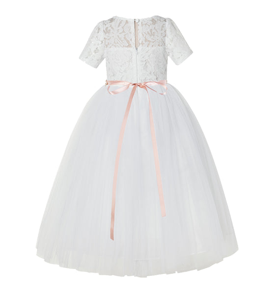 Floral Lace Flower Girl Dress with Sleeves Holy Baptism Gown Formal Photoshoot Dresses LG2R2