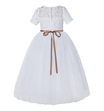 Floral Lace Flower Girl Dress with Sleeves Holy Communion Gown Formal Dance Recital Dresses LG2R1