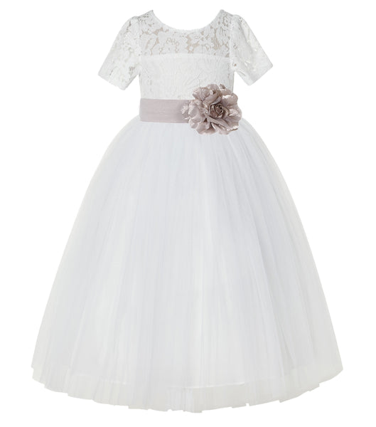 Ivory Floral Lace Flower Girl Dress with Sleeves Formal Pageant Dresses for Toddler Girls LG2T(3)