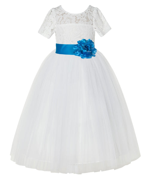 Ivory Floral Lace Flower Girl Dress with Sleeves Formal Pageant Dresses for Toddler Girls LG2T(2)
